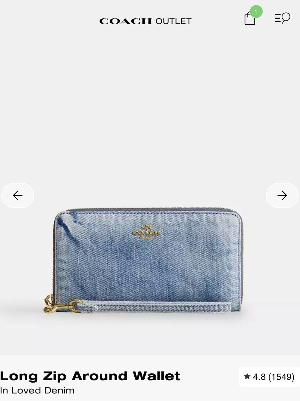 Coach Denim Light Blue Zip-Around Wallet with Gold Hardware